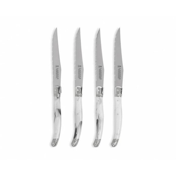 Laguiole Serrated Steak Knives White Marble (Resin) Handle Stainless Set of 4 - Picture 3 of 4